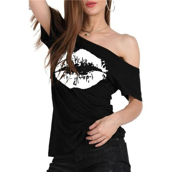 Plus Size Off Shoulder Lips Print Top Casual Short Sleeve Graphic T Shirt - Picture 3 of 8